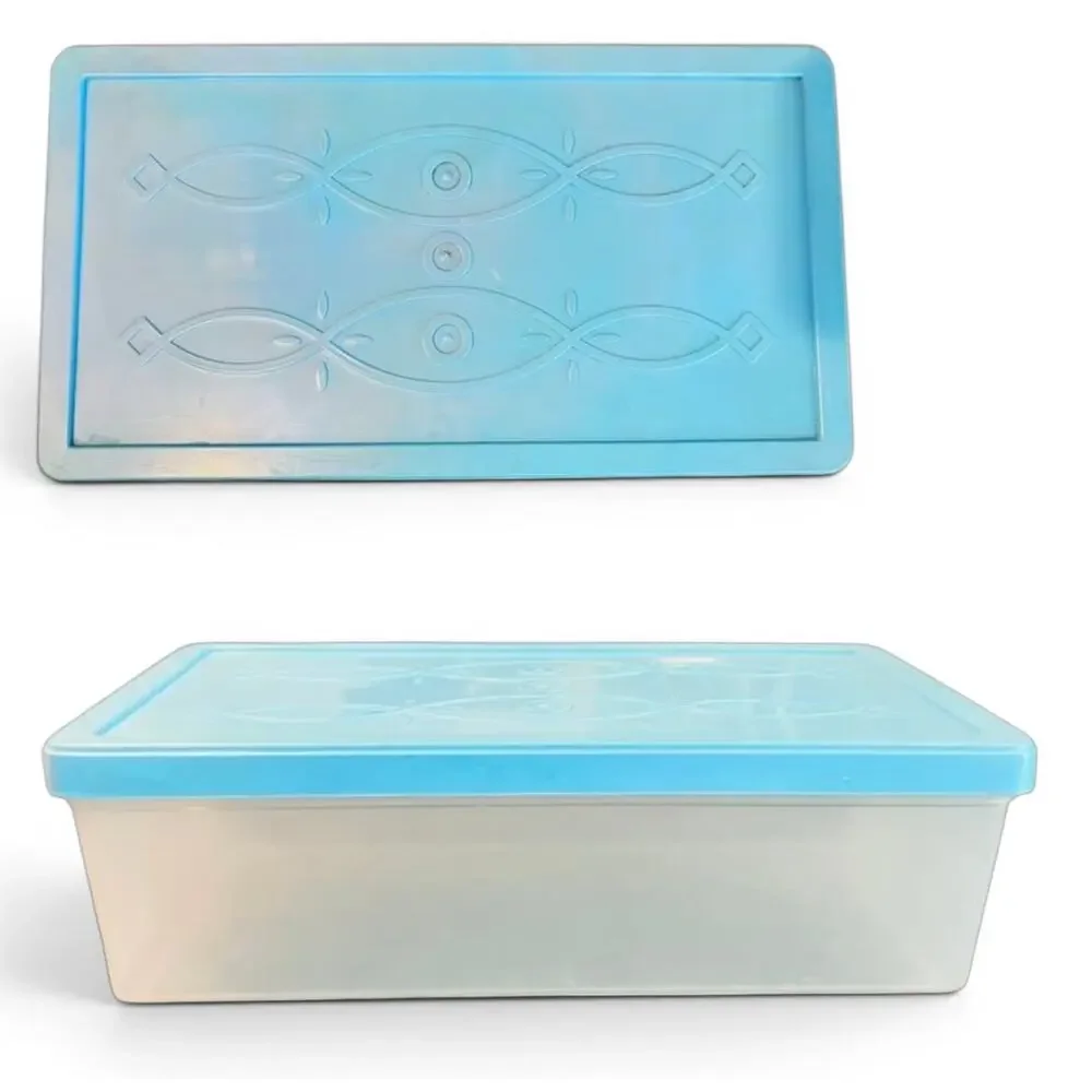 Vintage Mid Century Plastic Storage Box-Teal Lid-Organizer-Sewing-Craft-Kitchen